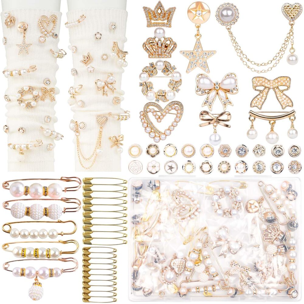 6604 60 Pcs Junk Socks Charms Kit, Gold Brooches Pins , Pearl